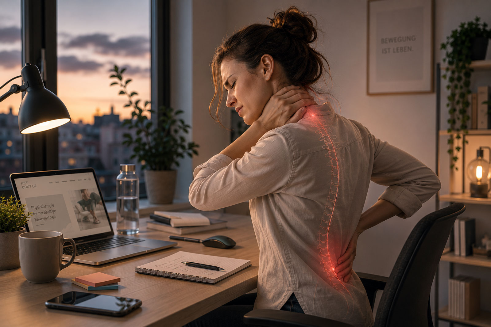 hero-gesunde-haltung-homeoffice_1600x1067px Frau mit Nacken- und Rückenschmerzen durch langes Sitzen – gesunde Haltung im Alltag.